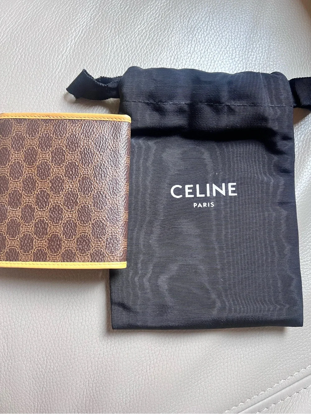 Celine Brown Triomphe Canvas Card Wallet with Yellow Trim